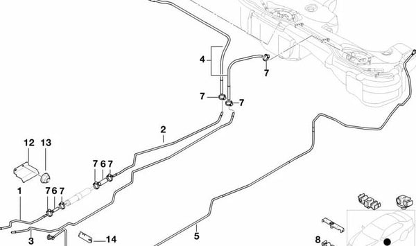 Tubería de retorno de combustible OEM 16121183768 para BMW E46. Original BMW.
