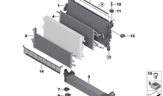 Kit de montaje radiador OEM 17118600270 para BMW F40, F44, F45, F46, F48, F39, F55, F56, F57, F54, F60. Compatible con varios motores y versiones. Original BMW.
