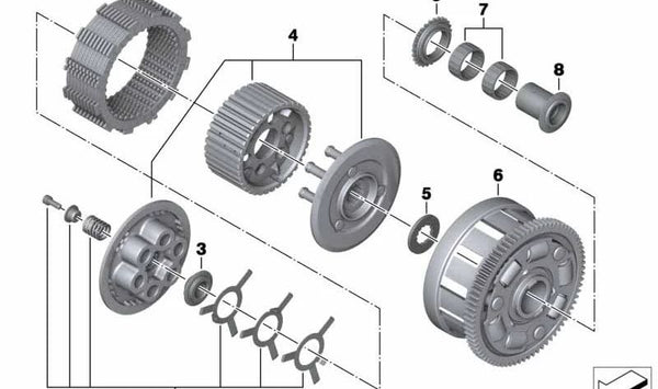 Cesta de embrague OEM 21217715331 para BMW Motorrad S 1000 RR, S 1000 R, S 1000 XR y HP4 Race. Compatible con modelos SK42, SK46, SK47, SK49, SK60. Repuesto original BMW Motorrad.