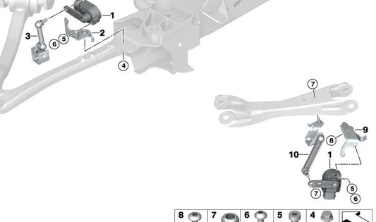 Soporte sensor de nivel izquierdo OEM 37146855665 para BMW i3 (I01: 60Ah, 120Ah, Rex) modelos 1Z21, 1Z22, 1Z23, 1Z41, 8P21, 8P22, 8P23, 8P41, 8P42, 8P43. Original BMW.