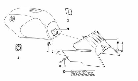 Remate de depósito OEM 16112308476 para BMW Motorrad K1, K100RS. Original BMW Motorrad.