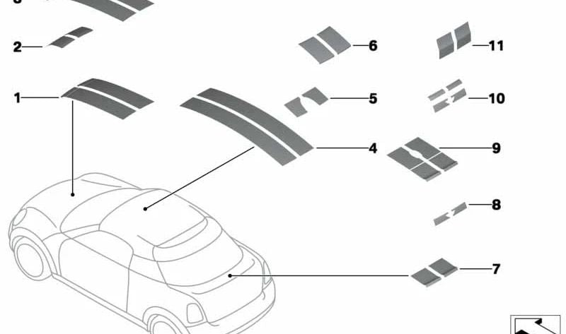 Juego de tiras decorativas para spoiler de techo OEM 51142759538 para MINI R56, R58, R60... y más. Original MINI.
