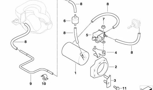 Soporte del depósito de vacío OEM 11611739589 para BMW E36 (316i BE11, BE12, BE21, BE22, CA71, CA72, CA81, CA82, CG11, CG12). Original BMW.