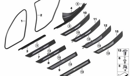Protector de canto de puerta trasera OEM 51727278506 para BMW F18. Original BMW.