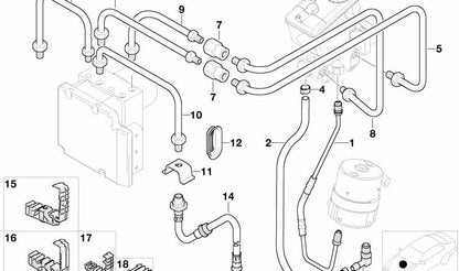 Tubo de freno delantero OEM 34326754945 para BMW E46 {316Ci, 316i, 318Ci, 318i}. Repuesto original BMW.