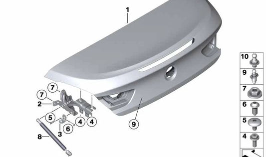Bisagra derecha del portón trasero OEM 41627228180 para BMW F12, F13, F06. Original BMW.