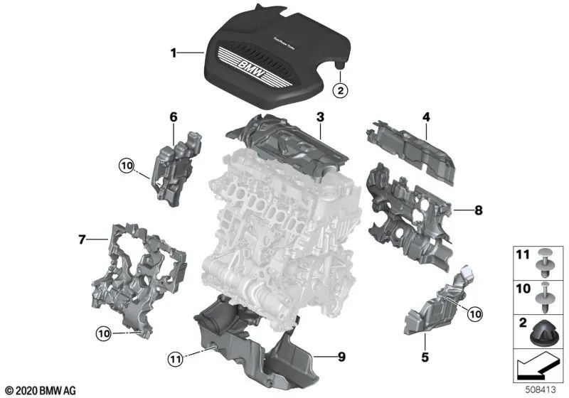 Right acoustic cover for BMW F40, F44, F45N, F46N, F48N, F39 (OEM 11149887703). Original BMW