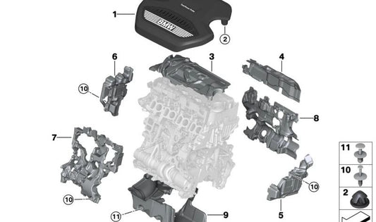 Cubierta acústica del motor delantera OEM 11148490418 para BMW F40, F44, F45, F46, F48, F39, F54, F60. Original BMW.