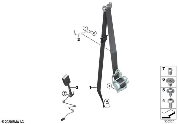 Cinturón de seguridad delantero derecho OEM 72117951754 para BMW i3 (I01), i3 120Ah (BP21), i3 94Ah (1Z61)... y más. Original BMW.