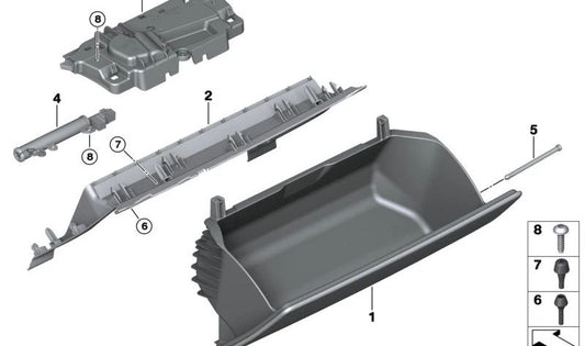 Amortiguador guantera OEM 51169870509 para BMW Serie 7 G70. Compatible con guantera 51B308, 51B320 y 51C193. Original BMW.