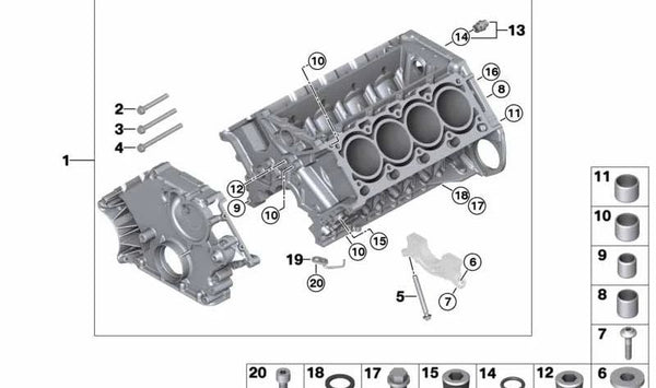 Bloque motor con pistones OEM 11110417554 para BMW X5 E70 4.8i (modelos FE81, FE82, FE83). Compatible con cambio automático y tracción total. Original BMW.