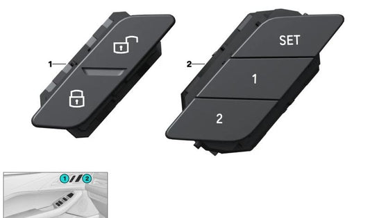 Botón memoria asiento izquierdo OEM 61315A02D55 para BMW Serie 2 U06, X1 U11/U12 y X2 U10. Control original para ajuste de memorias de asiento. Repuesto original BMW.