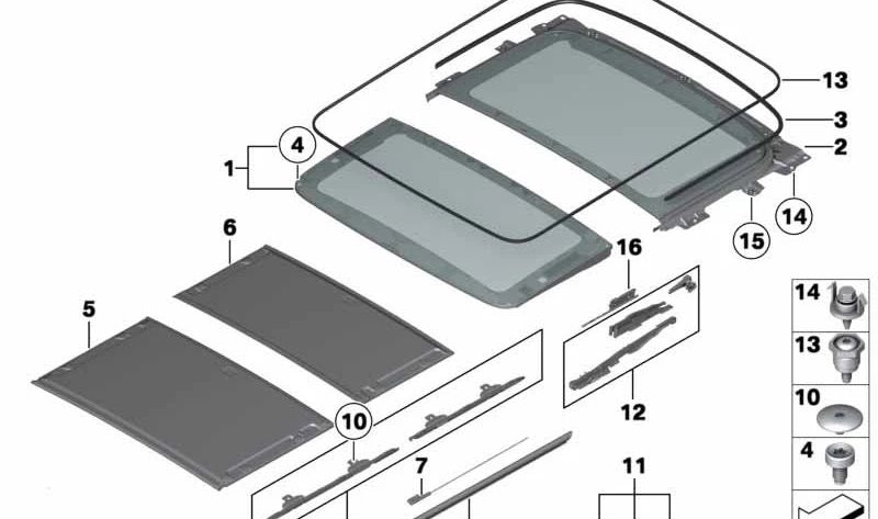 Juego de juntas laterales OEM 54102993886 para BMW X1 E84 (sDrive16d, sDrive16i, sDrive18d). Compatible con modelos de 2009 a 2015 con techo panorámico. Original BMW.