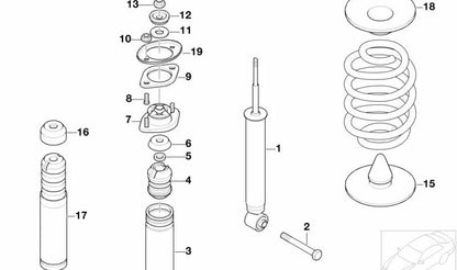 Amortiguador trasero OEM 33526757045 para BMW E46 (válido para todos los modelos compatibles). Original BMW.