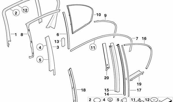 Embellecedor marco ventana pilar B puerta trasera derecha OEM 51358223786 para BMW E65, E66. Original BMW.