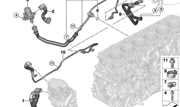 Tubo de conexión del termostato módulo SCR OEM 11538596391 para BMW G60, G61, G70, G01, G02, G05, G06, G07. Original BMW.