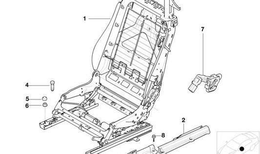 Estructura respaldo asiento derecho OEM 52109118176 para BMW E46 (318Ci BP71, BP72, BP81, BP82, BW71, BW72, BW81, BW82, BY71, BY72). Compatible con modelos fabricados entre 2001 y 2006. Original BMW.