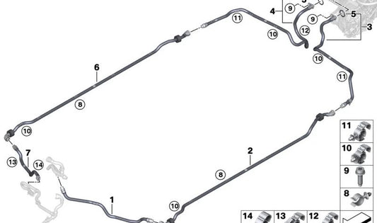 Manguera unidad de propulsión eléctrica OEM 17128478443 para BMW X1 (U11, U12), X2 (U10) y MINI (U25). Parte del sistema de refrigeración de alto voltaje. Original BMW y MINI.
