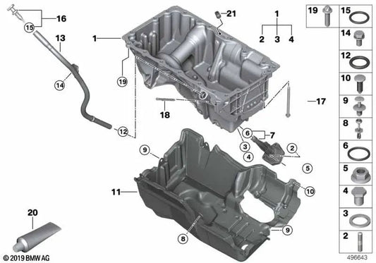 Oil Pan for BMW Series 3 G20, G21, Series 4 G22, G26, Series 5 G30, G31, Series 6 G32, X3 G01, X4 G02, X5 G05 (OEM 11138580123). Genuine BMW