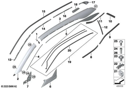 Right A-pillar trim for BMW i I01, I01N (OEM 51447369626). Original BMW