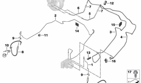 Soporte de latiguillo de freno delantero derecho OEM 34306877746 para BMW Z4 {G29: M40i HF01, HF02, HF61, HF62, HF51, HF52, sDrive20i HF11, HF12, HF21, HF22}. Original BMW.