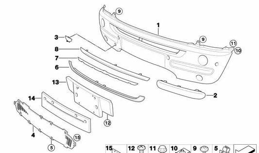 Listón parachoques delantero izquierdo OEM 51117112151 para MINI R50, R52, R53. Original MINI.