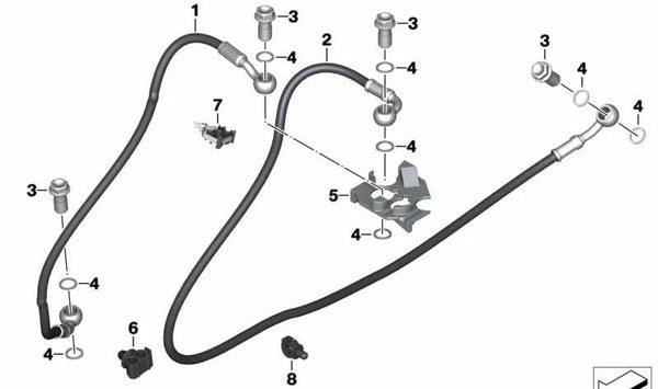 Tubo flexible de freno delantero OEM 34329444384 para motos BMW G 310 R (K03, K33). Original BMW Motorrad.