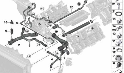 Manguera de retorno refrigerante OEM 17127540667 para BMW E60, E60N, E61, E61N, E63, E63N, E64, E64N. Original BMW.