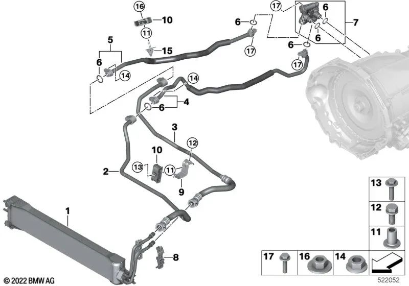 Transmission Oil Cooler Bracket for BMW X5 F95, G05, X6 F96, G06, X7 G07, XM G09 (OEM 17119487041). Original BMW