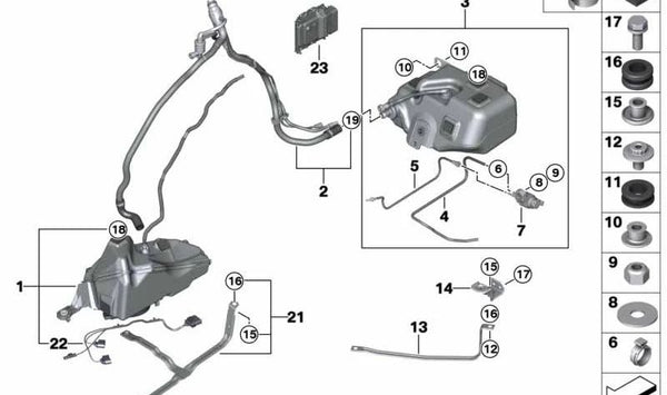 Sistema de llenado SCR OEM 16197433646 para BMW F30, F31. Original BMW.