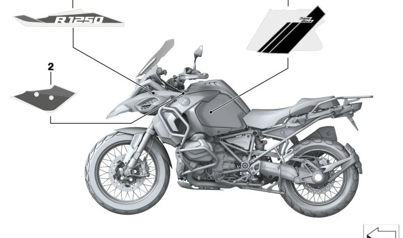 Decoración de guardabarros delantero y trasero izquierdo OEM 51141542009 para BMW Motorrad R 1250 GS Adventure (11/2019 - 05/2024). Original BMW Motorrad.