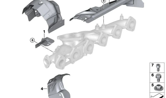 Protector térmico colector de escape OEM 11628573113 para BMW G30, G31, G32, G11, G12, G14, G15, G16, G01, G02. Original BMW.