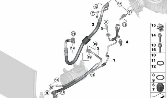 Tubería de alta presión compresor a condensador OEM 64539317616 para BMW F25 (X3) y F26 (X4). Original BMW.