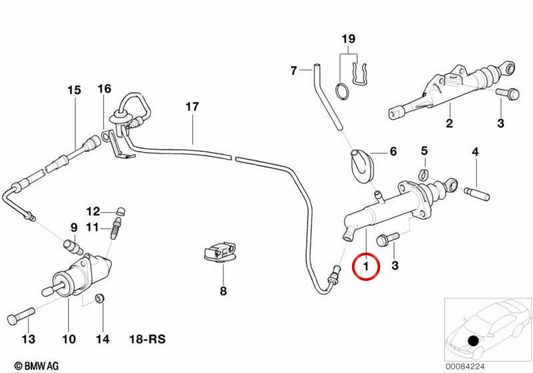 Cilindro transmissor de embraiagem OEM 21526758827 para BMW Série 5 E39 535i, 540i e Série 7 E38 725tds, 728i, 735i manual. Original BMW.
