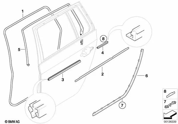 Sellado de junta de puerta, techo, puerta trasera derecha para BMW Serie 5 E61, E61N (OEM 51227057448). Original BMW.