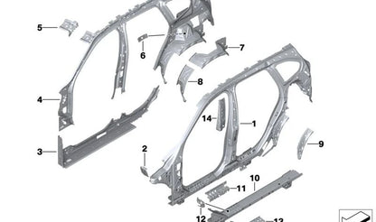 Chapa interior paso de rueda delantera derecha OEM 41007437868 para BMW X1 F48 (modelos 18i, 20i, xDrive20d, xDrive25i, sDrive16d). Original BMW.