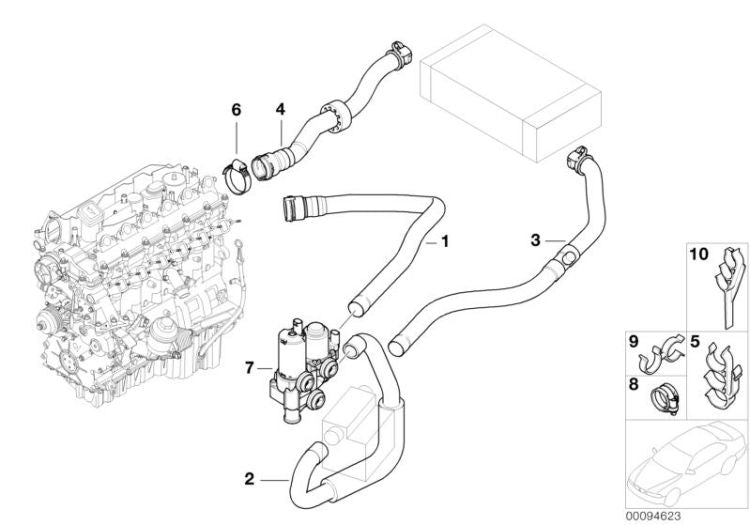 Tubo para motor y bomba de agua adicional OEM 64216905941 para BMW Serie 3 E46 (318d, 320Cd). Original BMW.