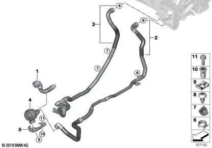 Avance 2 coolant hose for BMW X5 F95, G05, X6 F96, G06N, X7 G07 (OEM 64219398802). Genuine BMW.