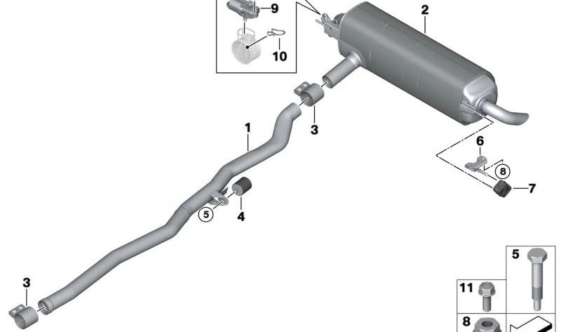Silencioso trasero OEM 18305A2C2A3 para BMW Serie 7 G70. Parte de la línea de escape trasera. Original BMW.