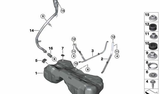Abrazadera derecha OEM 16117383181 para BMW G30, G31, G32, G14, G15, G16. Pieza de fijación original del sistema de combustible. Original BMW.