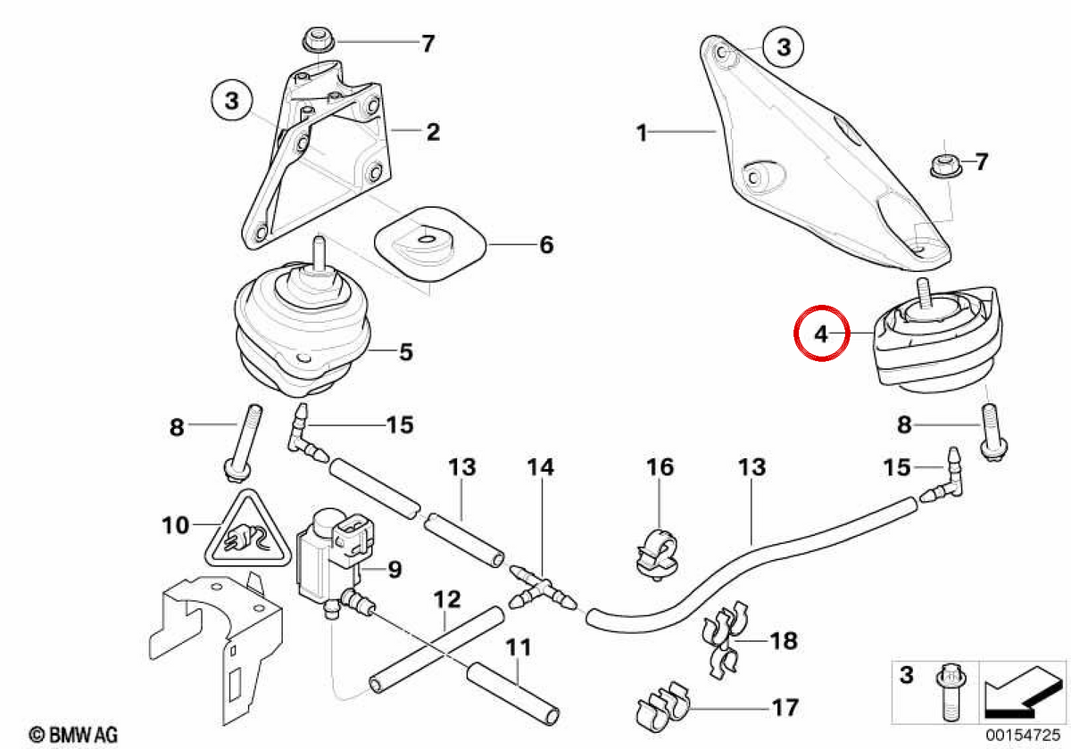 OEM left motor support 22113414583 for BMW E83. Original BMW.