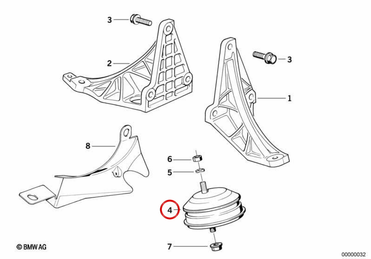 Soporte Silentblock de motor OEM 22116750820 para BMW E32, E31, E52. Original BMW.