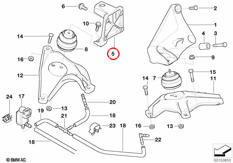 Supporto motore destro 22116751226 per BMW E39. BMW di riserva originale.