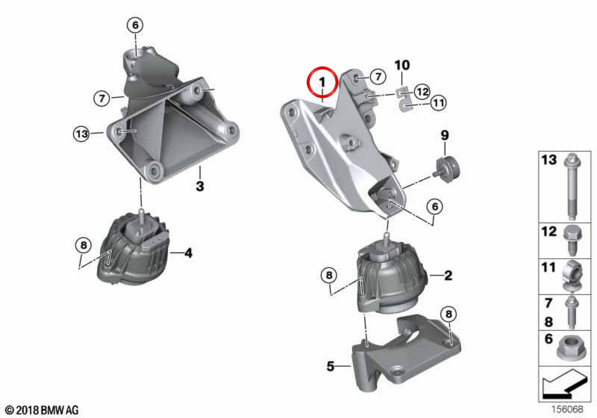 Supporto del motore sinistro OEM 22116760315 per BMW E81, E82, E87, E88, E90, E91, E92, E93, E89. BMW originale.