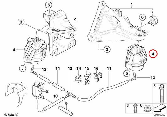 Supporto motore OEM 22116760332 per BMW E90, E91, E92, E93. BMW originale.