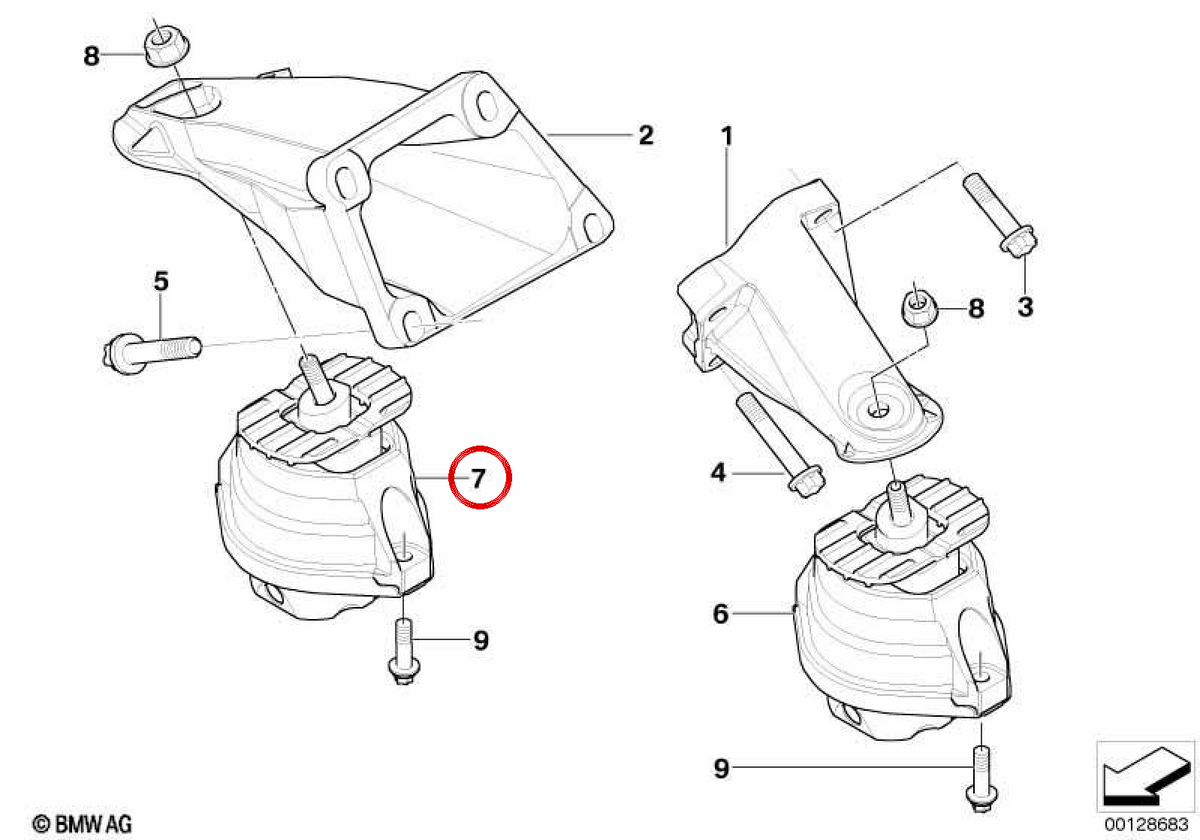 Supporto motore a destra OEM 22116762608 per BMW E60, E61, E63, E64. BMW originale.