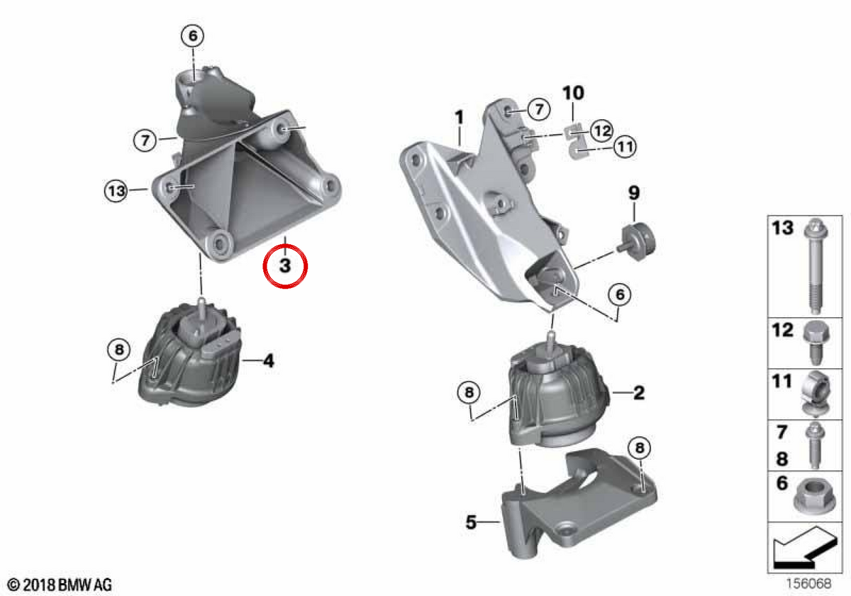 Complete Right Motor Support 22116784736 for BMW E82, E88, E90, E91, E92, E93. Original BMW.