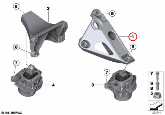 OEM left motor support 22116784829 for BMW F30, F31, F34, F32, F33, F36, F25 and F26. Original BMW.