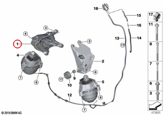 Suporte de motor direito para BMW Série 3 G20, G21, Série 4 G22, G26, Série 5 G30, G31, Série 6 G32, X3 G01, X4 G02, X5 G05 (OEM 22116870756). BMW genuíno