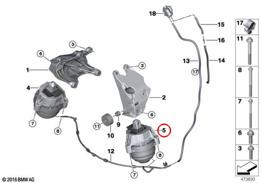 Soporte del motor izquierdo para BMW Serie 5 G30, G31 y Serie 6 G32 (OEM 22116883513). Original BMW.